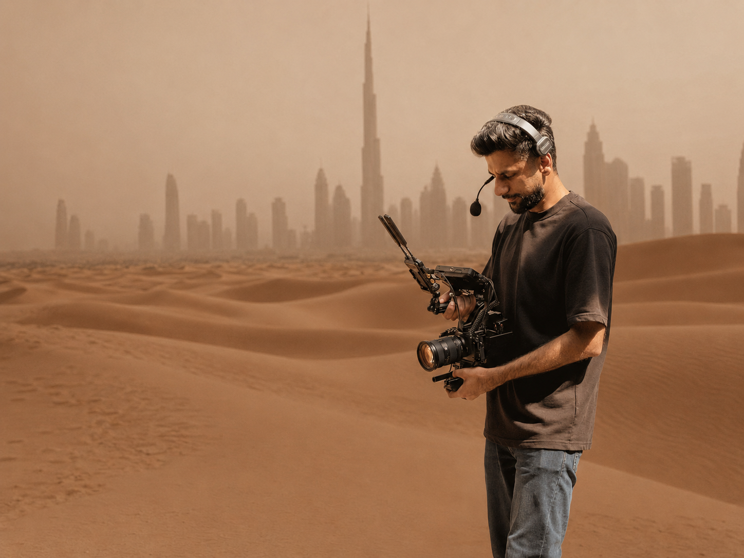 Osama Azizi holding a cinema camera in the desert with the Dubai skyline behind