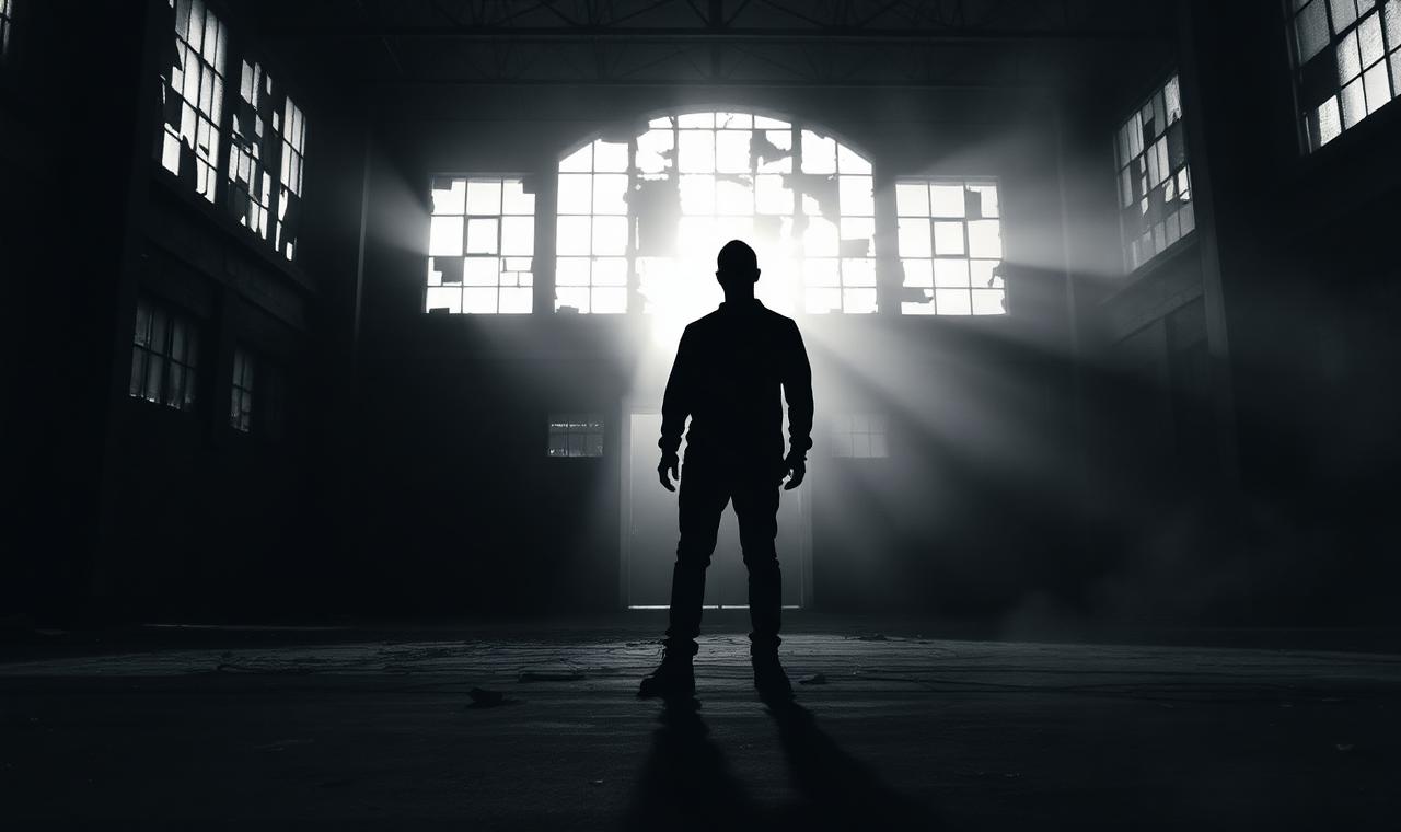 Still from Thesis Film: a silhouetted figure in a derelict hall